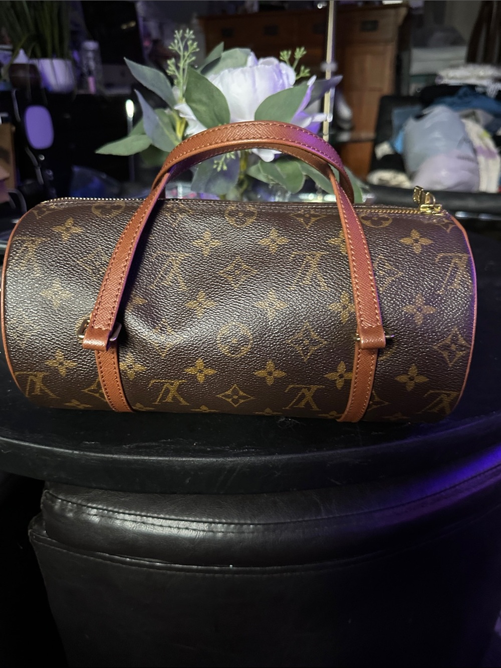 Brown Monogram Mini Papillion Bag with Tan Handles